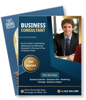 business consultant services promotional flyer with contact information template