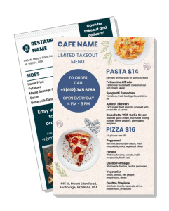 cafe takeout menu with pasta pizza prices and contact information template