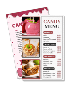 candy store menu with variety of candied and caramel apples prices listed template