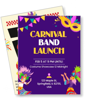 carnival band launch colorful costume showcase february event template