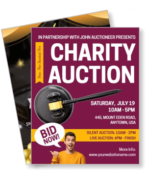 charity auction event flyer gavel bid now call to action details template