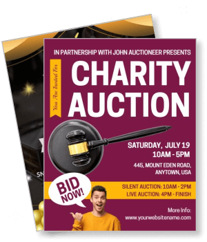 charity auction event gavel bid now call to action details template