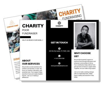 charity fundraiser brochure design with contact information and services template