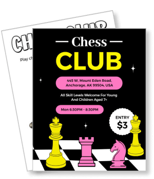 chess club with yellow and pink pieces meeting details black background template
