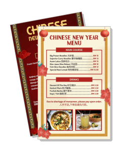 chinese new year menu design with food illustrations and prices template