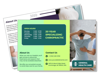 chiropractic clinic brochure layout with contact and hours template