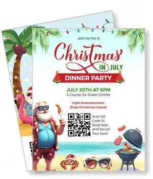 christmas in july dinner party invitation with santa and palm tree template