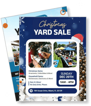 christmas yard sale flyer with details and snowflake design template