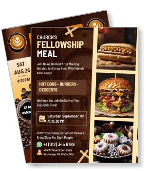 church fellowship meal event with burgers desserts and coffee details template
