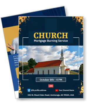 church mortgage burning service event poster with address and time details template