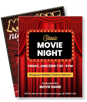 classic movie night template red curtains popcorn event details