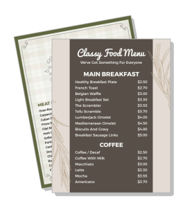 classy food menu breakfast coffee options pricing template