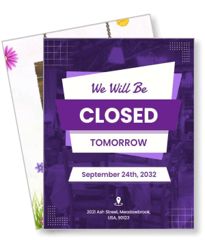 closed notice september 24th 2032 purple background decoration template