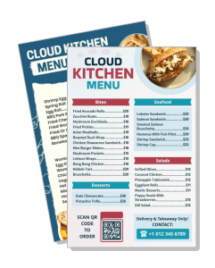 cloud kitchen menu with bites seafood salads template