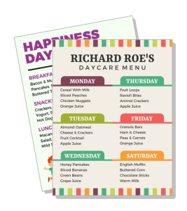 colorful daycare menu for children weekly breakfast lunch snacks template