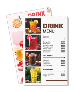 colorful drink menu with variety of juices and prices template