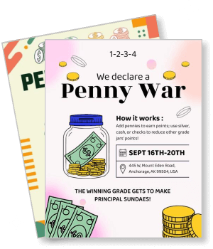 colorful penny war fundraising event with cash and coins template
