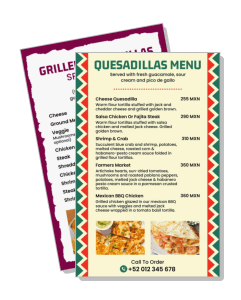 colorful quesadillas menu design with contact information template