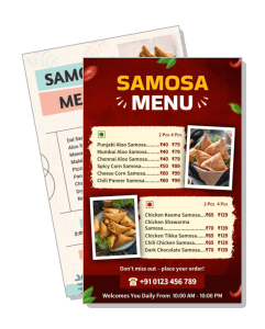 colorful samosa menu design with prices and contact details template