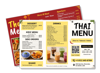 colorful thai restaurant menu design with desserts and drinks template