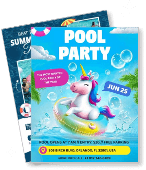 colorful unicorn theme pool party with date location and contact details template