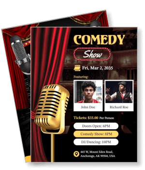 comedy show poster with stage curtains event details performers template