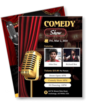comedy show with stage curtains event details performers template