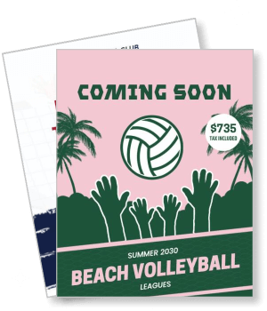 coming soon summer 2030 beach volleyball leagues with price tag template