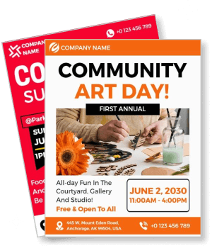 community art day event poster with painting tools and calendar date template