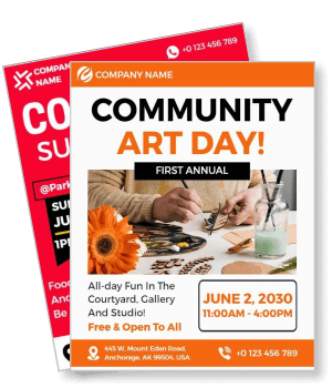 community art day event with painting tools and calendar date template