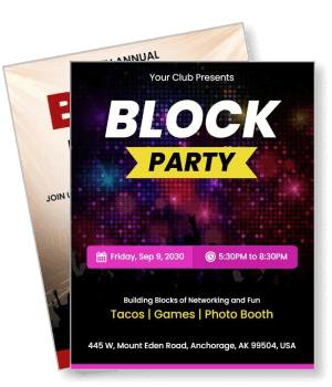 community club block party flyer with tacos games photo booth anchorage ak template