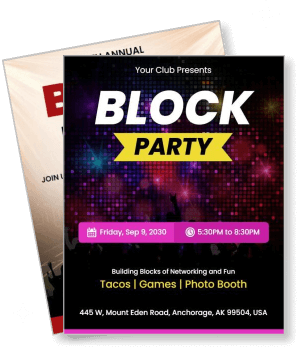 community club block party with tacos games photo booth anchorage ak template