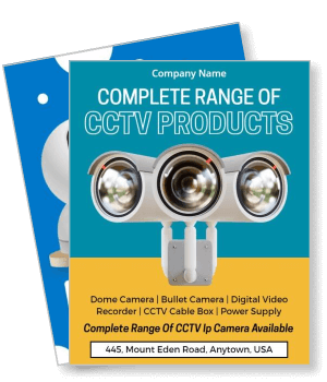 complete range cctv products brochure cameras and equipment on blue background template