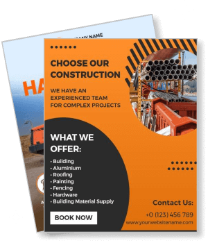 construction company flyer template orange theme with services details and contact info