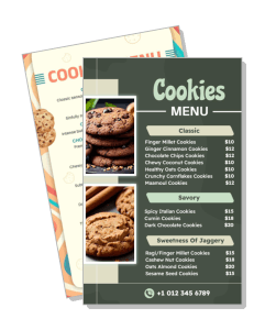 cookie shop menu design with classic and savory options template