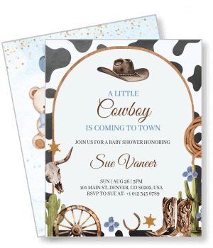cowboy themed baby shower invitation with hat cactus and boots design template