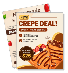 crepe special offer flyer with chocolate strawberry and vanilla deal promotion template