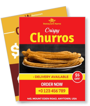 crispy churros promotional flyer design free delivery offer template