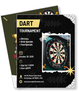 dart tournament illustration with event details and dartboard image template