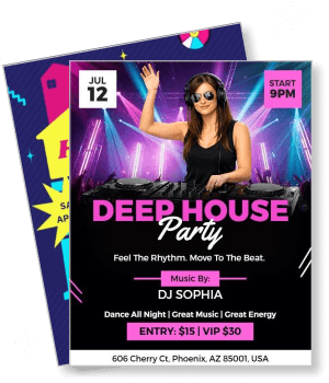 deep house party with dj sophia event details and vibrant design template