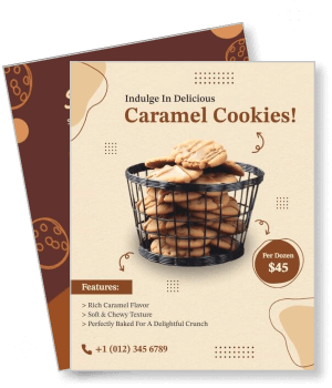 delicious caramel cookies marketing flyer with cookie basket and price details template