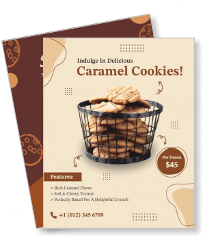 delicious caramel cookies marketing with cookie basket and price details template