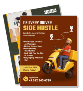 delivery driver side hustle flyer yellow scooter job opportunity ad template