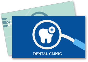 dental clinic business card design with tooth icon and magnifying glass template