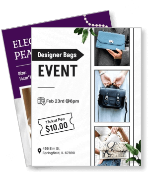designer bags event with ticket fee and images of various handbags template