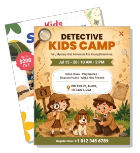 detective kids camp flyer with cartoon detectives and dog template