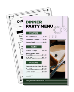 dinner party menu template with dessert photo and prices