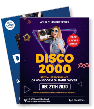 disco 2000 party with dj performance and free ladies entry details template