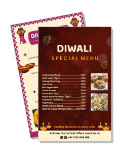 diwali special menu flyer with discounts and contact info template