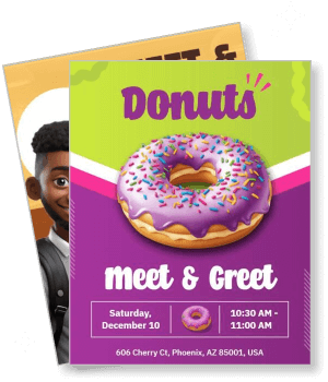 donut meet and greet purple flyer event december 10 phoenix template